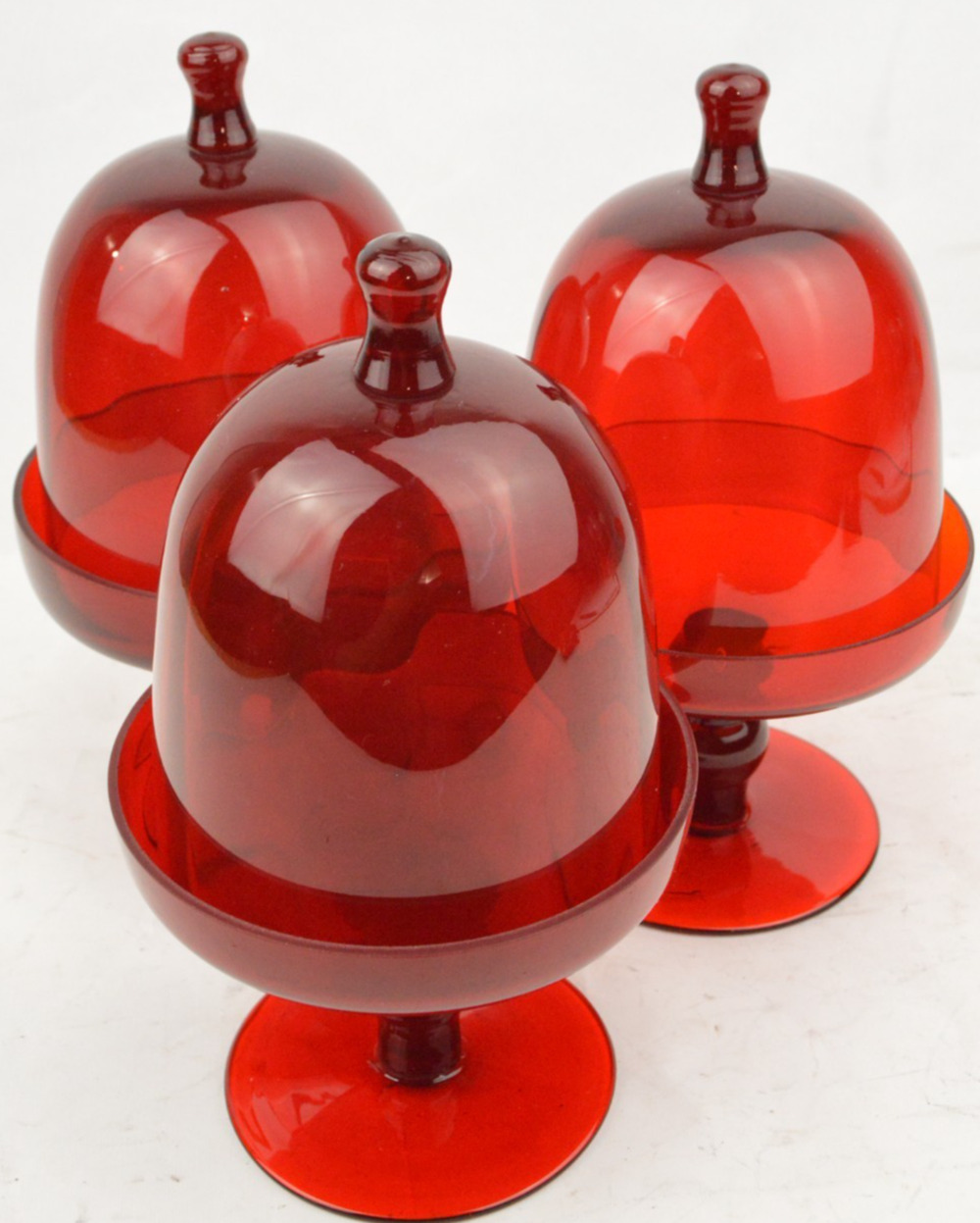 Ruby Red Glass Pedestal Compote Candy Dishes w/ Dome Lids 8" Matching Set x4